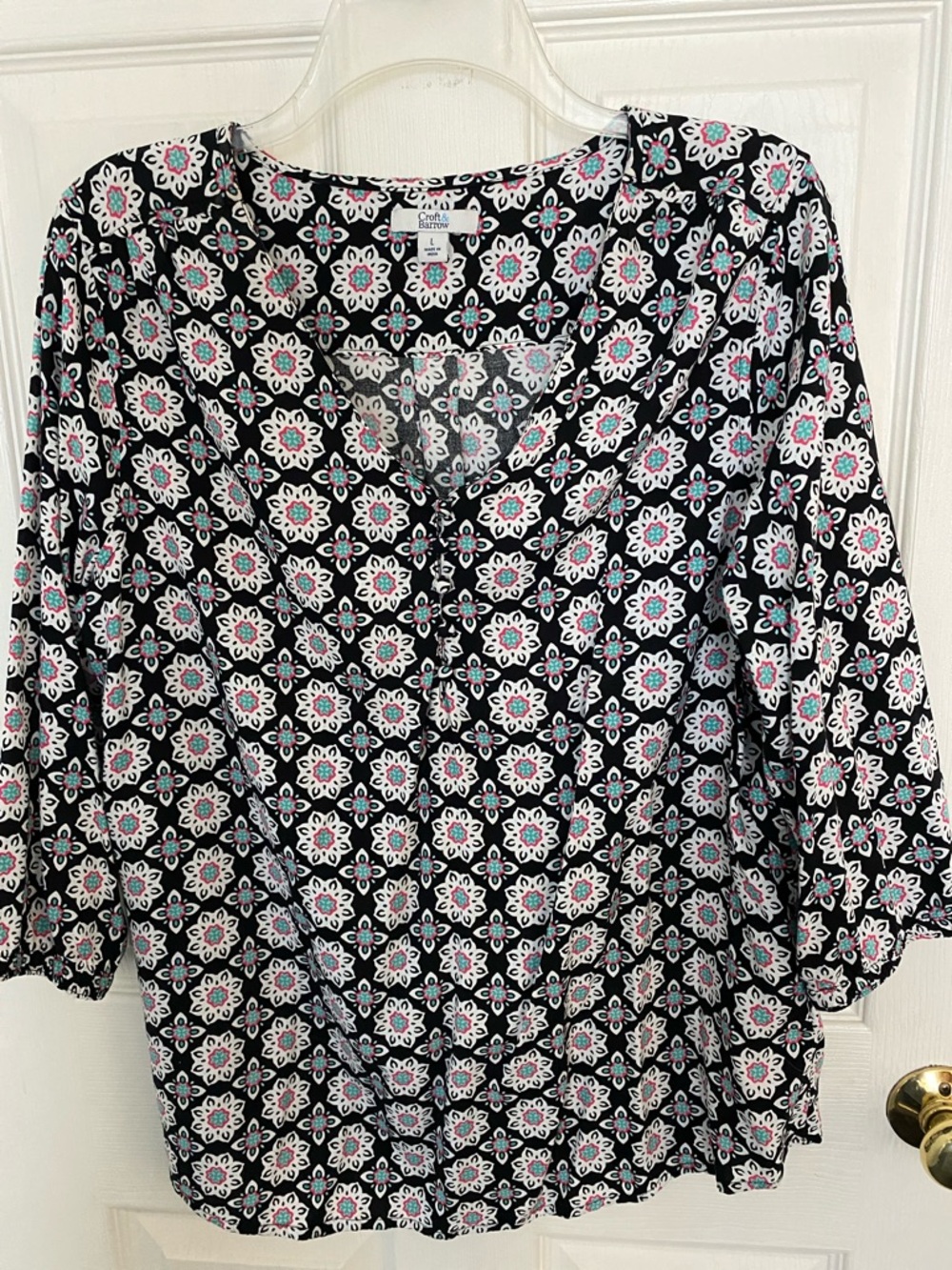 croft & barrow Black Floral Medallion V-Neck Tunic with Pink & Teal Accents